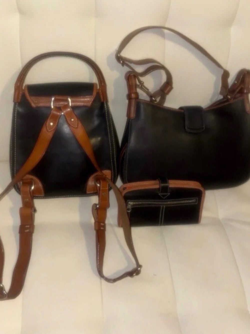 Dooney & Bourke Black & British Tan Leather Shoulder Bag, Backpack & Wallet Set